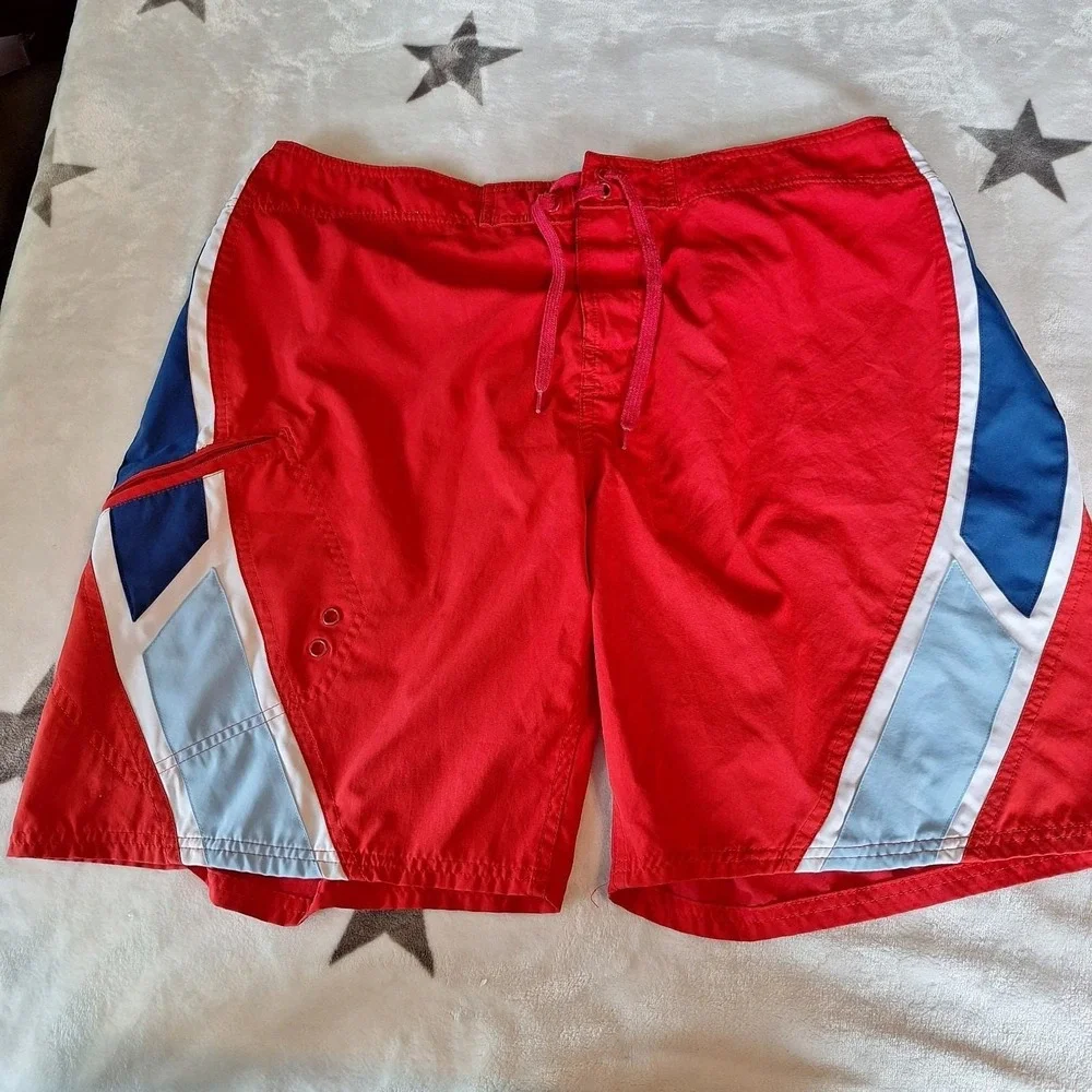 Vintage Body Glove Board Shorts Mens Sz 36 Red Blue Logo Swim Trunks Zip Pocket